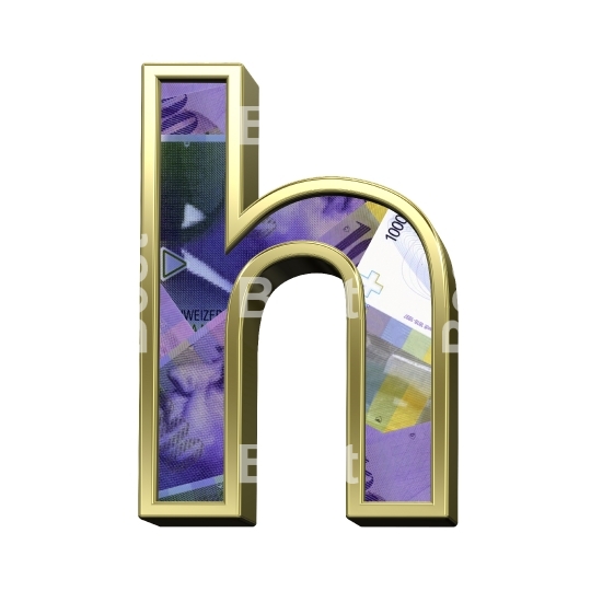 One lower case letter from Swiss franc bill with gold frame alphabet set, isolated on white.
