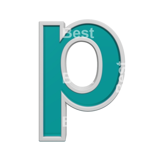 One lower case letter from turquoise glass with white frame alphabet set, isolated on white. 