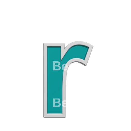 One lower case letter from turquoise glass with white frame alphabet set, isolated on white. 
