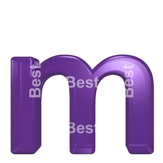 One lower case letter from violet glass alphabet set, isolated on white.