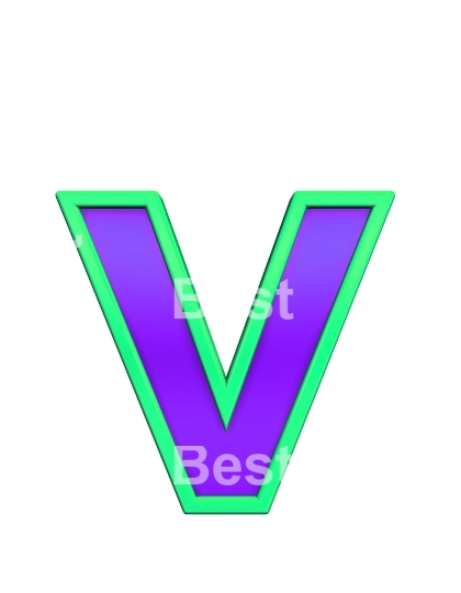 One lower case letter from violet glass with green frame alphabet set, isolated on white. 