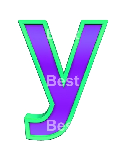 One lower case letter from violet glass with green frame alphabet set, isolated on white. 