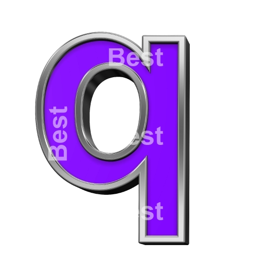 One lower case letter from violet with shiny silver frame alphabet set, isolated on white.