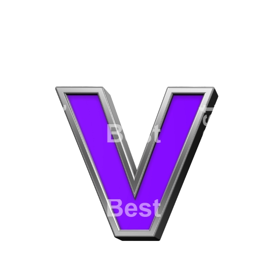 One lower case letter from violet with shiny silver frame alphabet set, isolated on white.