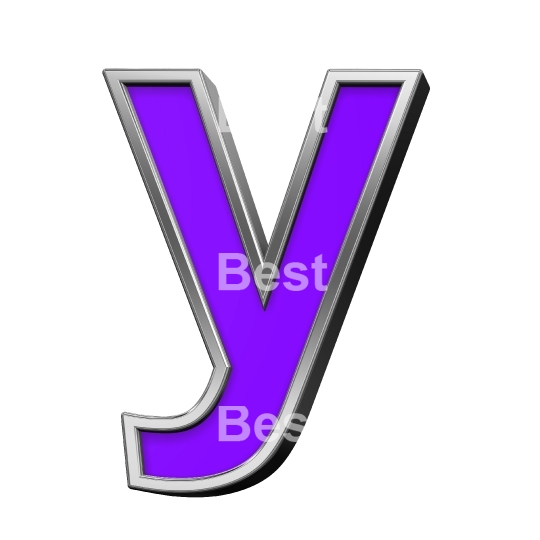 One lower case letter from violet with shiny silver frame alphabet set, isolated on white.