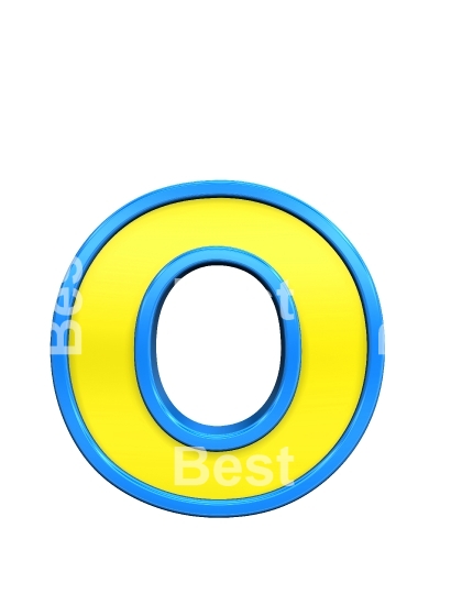 One lower case letter from yellow glass with blue frame alphabet set, isolated on white. 