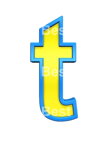 One lower case letter from yellow glass with blue frame alphabet set, isolated on white. 