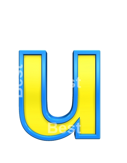 One lower case letter from yellow glass with blue frame alphabet set, isolated on white. 