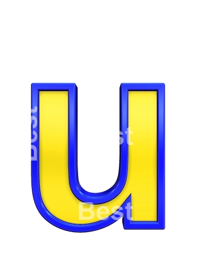 One lower case letter from yellow with blue frame alphabet set, isolated on white. 