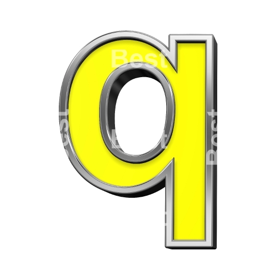 One lower case letter from yellow with chrome frame alphabet set, isolated on white.