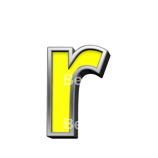 One lower case letter from yellow with chrome frame alphabet set, isolated on white.