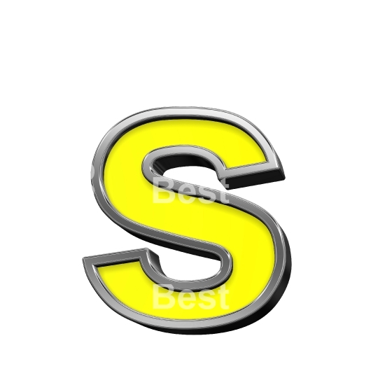 One lower case letter from yellow with chrome frame alphabet set, isolated on white.