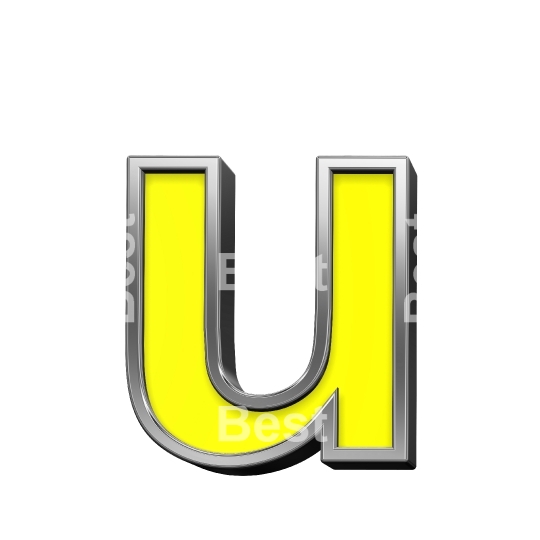 One lower case letter from yellow with chrome frame alphabet set, isolated on white.