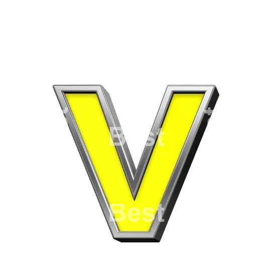 One lower case letter from yellow with chrome frame alphabet set, isolated on white.