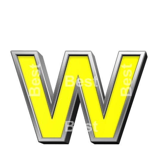One lower case letter from yellow with chrome frame alphabet set, isolated on white.