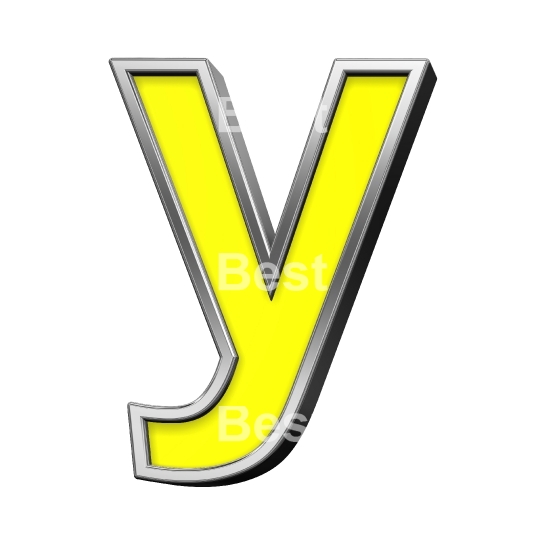 One lower case letter from yellow with chrome frame alphabet set, isolated on white.