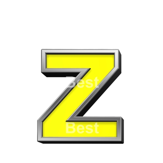 One lower case letter from yellow with chrome frame alphabet set, isolated on white.