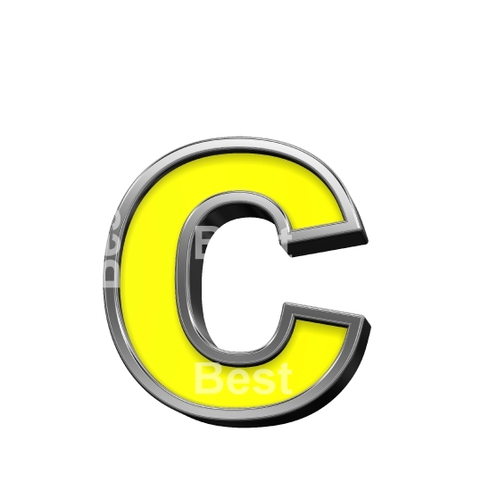 One lower case letter from yellow with chrome frame alphabet set, isolated on white.