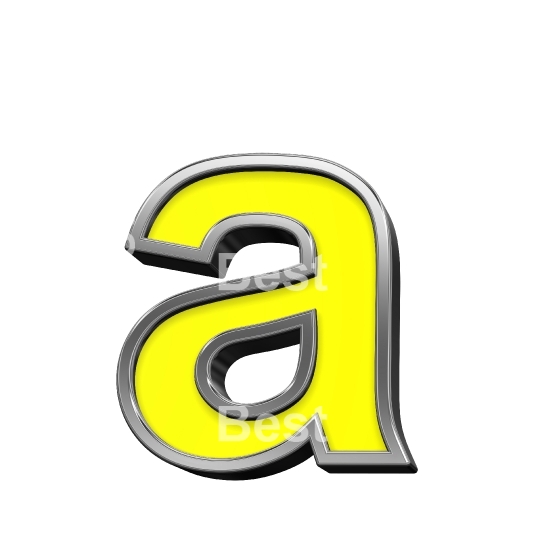 One lower case letter from yellow with chrome frame alphabet set, isolated on white.