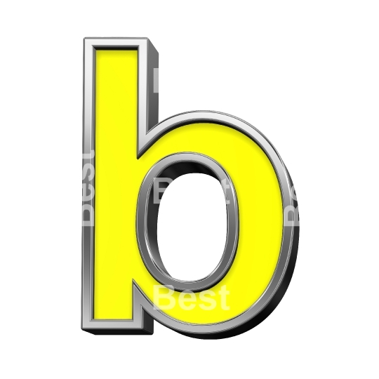 One lower case letter from yellow with chrome frame alphabet set, isolated on white.