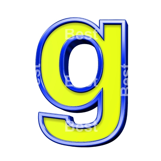 One lower case letter from yellow with shiny blue frame alphabet set, isolated on white. 