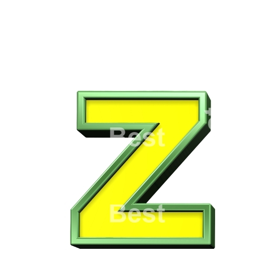 One lower case letter from yellow with shiny green frame alphabet set, isolated on white. 