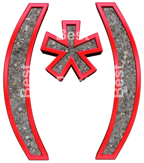 Parenthesis, asterisk from corroded steel with red frame alphabet set, isolated on white.