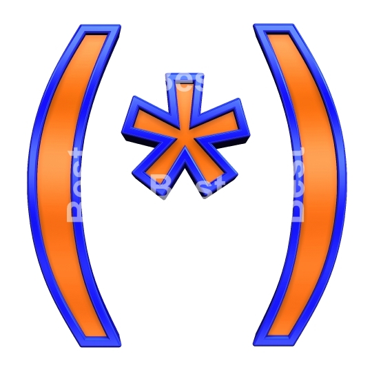 Parenthesis, asterisk from orange with blue frame alphabet set, isolated on white. 