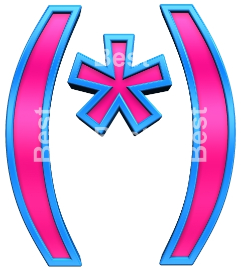 Parenthesis, asterisk from pink with blue frame alphabet set, isolated on white