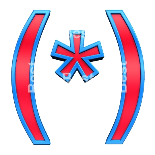 Parenthesis, asterisk from red with blue frame alphabet set, isolated on white. 