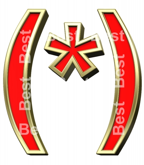 Parenthesis, asterisk from red with gold shiny frame alphabet set