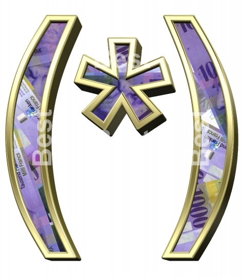 Parenthesis, asterisk from Swiss franc bill with gold frame alphabet set, isolated on white.
