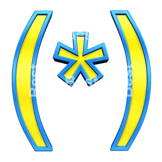 Parenthesis, asterisk from yellow glass with blue frame alphabet set, isolated on white. 