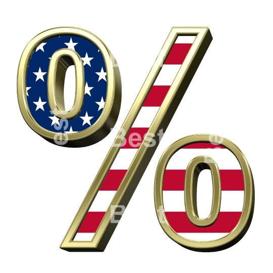 Percent sign from alphabet set american flag isolated over white.