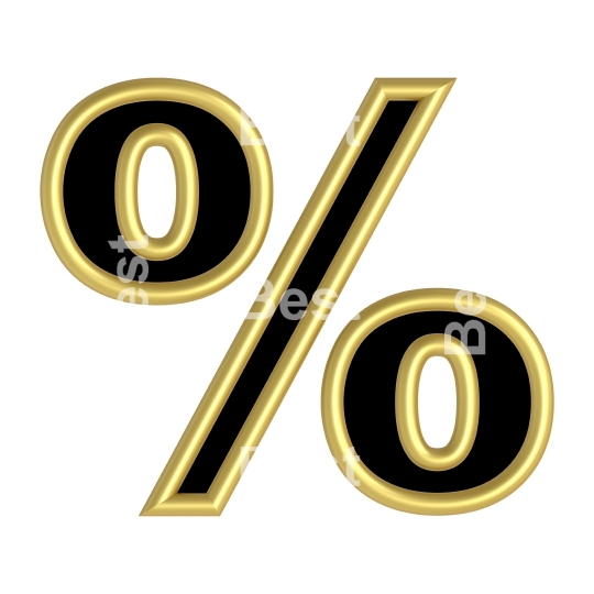 Percent sign from black with gold shiny frame alphabet set, isolated on white