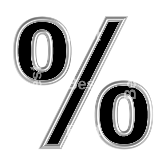 Percent sign from black with silver shiny frame alphabet set, isolated on white