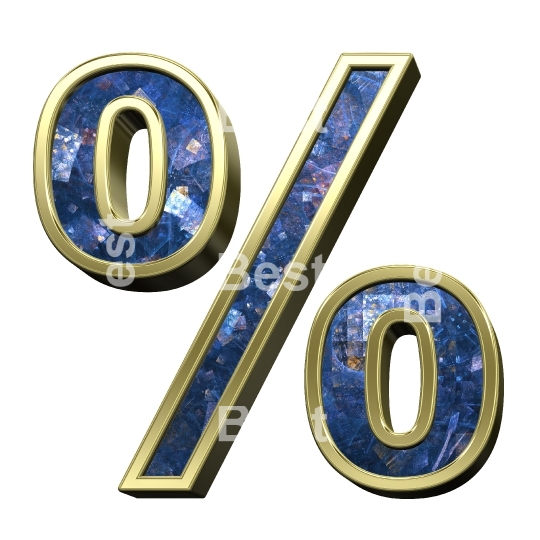 Percent sign from blue fractal with gold frame alphabet set, isolated on white.