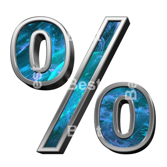 Percent sign from blue fractal with shiny silver frame alphabet set, isolated on white.