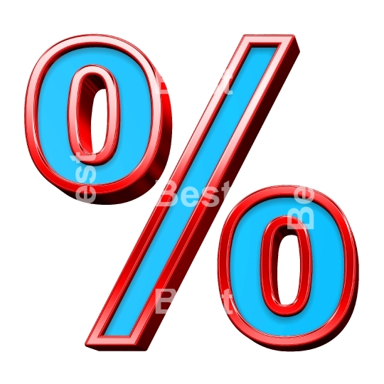 Percent sign from blue glass with red frame alphabet set, isolated on white. 