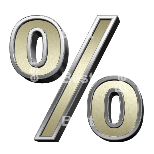 Percent sign from brushed gold with shiny silver frame alphabet set, isolated on white.