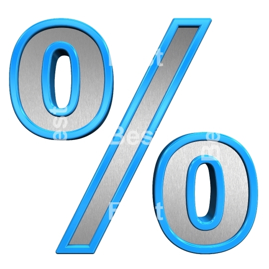 Percent sign from brushed silver with blue frame alphabet set, isolated on white. 