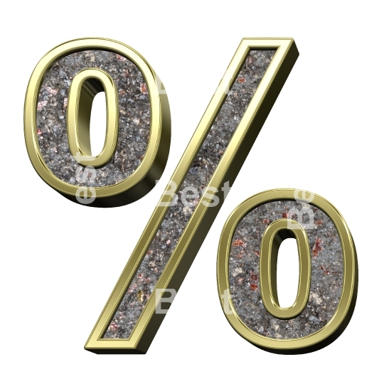 Percent sign from corroded steel with gold frame alphabet set, isolated on white.
