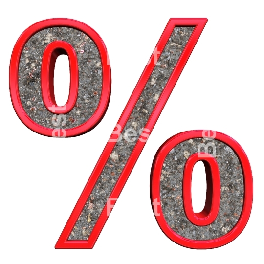 Percent sign from corroded steel with red frame alphabet set, isolated on white.