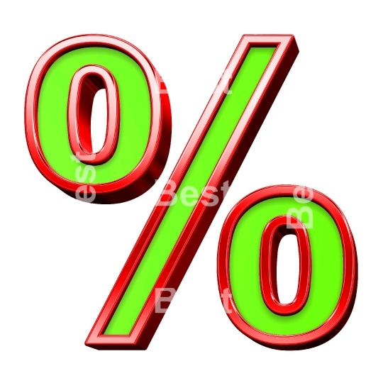 Percent sign from green with shiny red frame alphabet set, isolated on white. 
