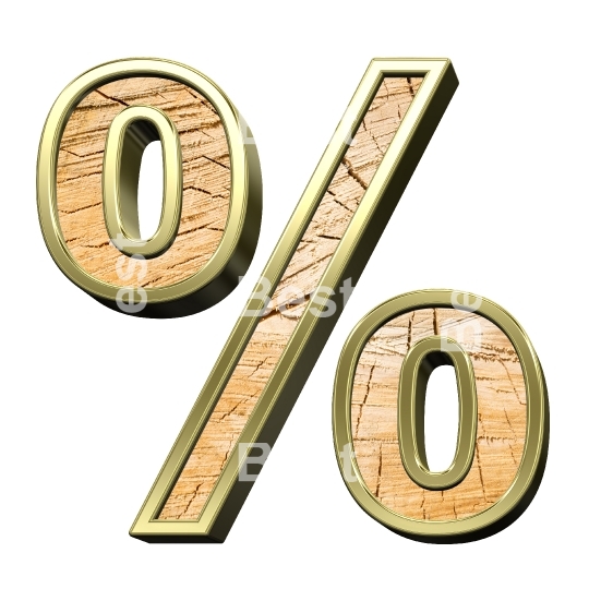 Percent sign from pine wood with gold frame alphabet set isolated over white.