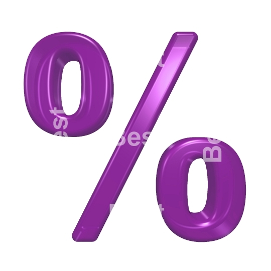 Percent sign from purple glass alphabet set, isolated on white.