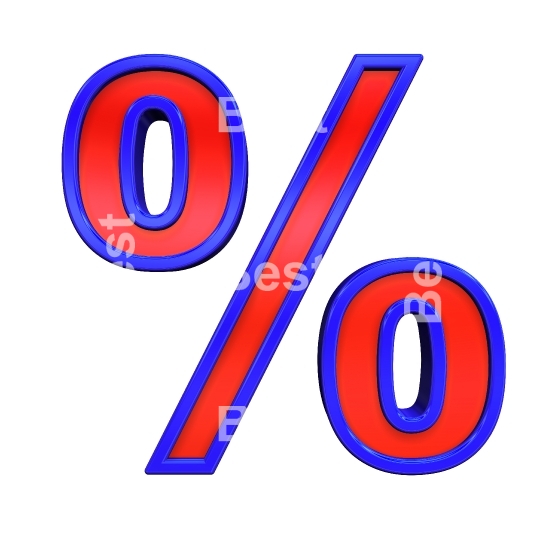 Percent sign from red glass with blue frame alphabet set, isolated on white. 