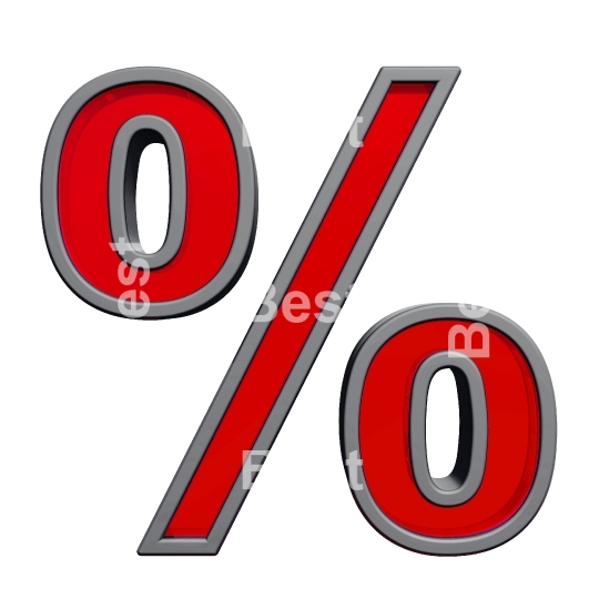 Percent sign from red glass with gray frame alphabet set, isolated on white. 