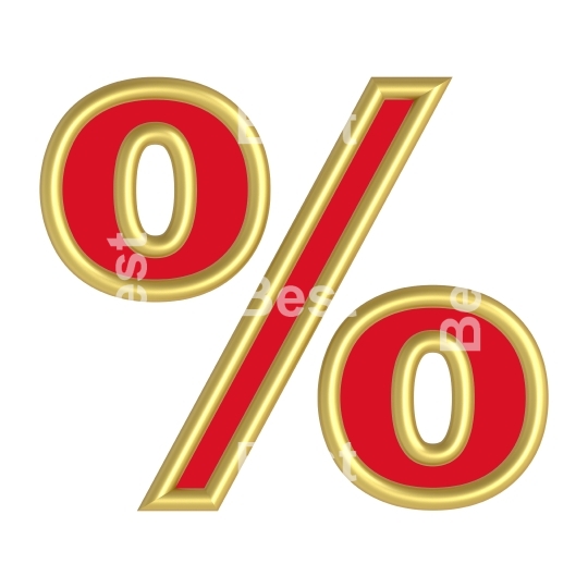 Percent sign from red with gold shiny frame alphabet set, isolated on white