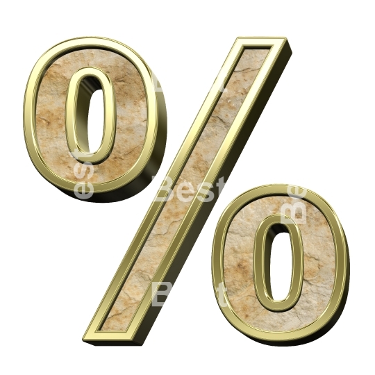 Percent sign from sandstone with gold frame alphabet set isolated over white.
